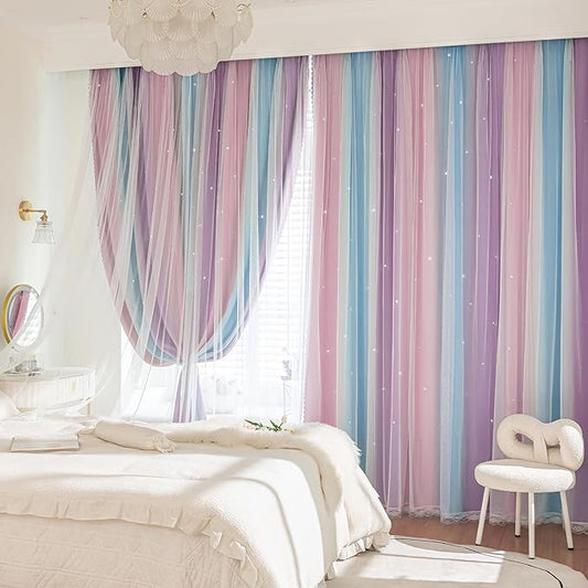 XiDi Girls Blackout Curtains 102 Inches Long for Bedroom, Room Darkening Grommet Window Ombre Curtains 2 Panel Sets, Kids Unicorn Princess Theme Decor Colorful Rainbow Design Pink Purple 42WX102L