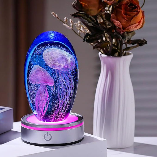 Hand Blown Glass Jellyfish Lamp - Ocean Themed Crystal Ball Desk Decor with LED Light, Aquarium & Beach Room Decoration, Collectible Figurine Paperweight Gift for Women (Purple)