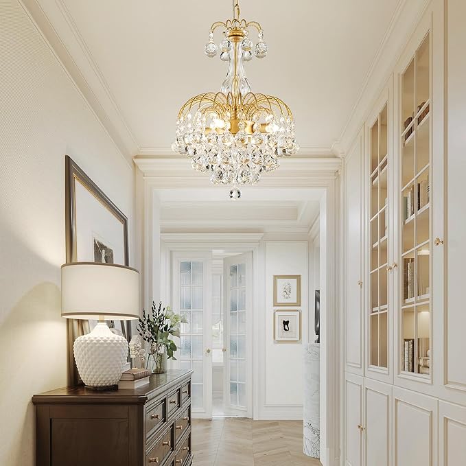 WUZUPS Crystal Chandelier Pendant Flushmount Ceiling Light Modern Lighting Fixture for Bedroom Hallway Bar Kitchen Bathroom, H 14.4" x W 11.8", Gold, E12 Base