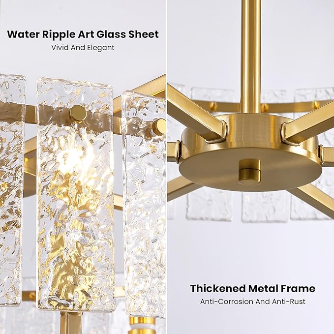 23.62" Gold Water Ripple Glass Chandeliers, 6-Light Modern Round Chandelier, Luxury Drum Chandelier Lighting Fixtures for Living Room Dining Room Kitchen Bedroom Foyer Hotel