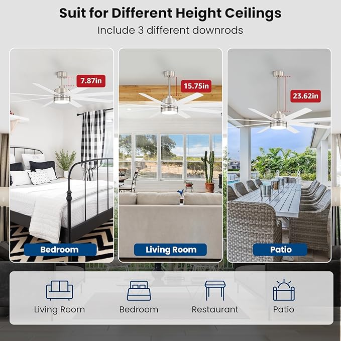 Conciseer 65 Inch Ceiling Fans with Lights and Remote for Bedroom Living Room Kitchen Office, Indoor/Outdoor Use, 6CCT Dimmable, 8 Blades 6 Speed Reversible Quiet DC Motor, Sand-nickel/White