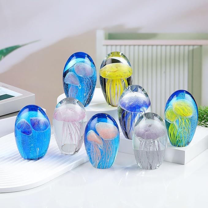 Hand Blown Glass Jellyfish Lamp - Ocean Themed Crystal Ball Desk Decor with LED Light, Aquarium & Beach Room Decoration, Collectible Figurine Paperweight Gift for Women (Purple)