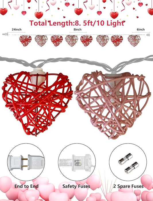 8.5ft Valentine’s Day Heart String Lights Plug in, Vintage Rattan Lights with 10 LED Red Pink Shatterproof Bulbs, Fairy Lights for Indoor Outdoor Home Decor Wedding Party Birthday, Warm White