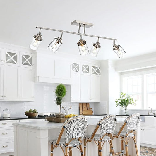 5-Light Wall/Ceiling Track Lighting Kit in Brushed Nickel Semi Flush Mount Ceiling Light with 5 Rotatable Light Heads Modern Vanity Lights for Bathroom, Clear Glass Shade