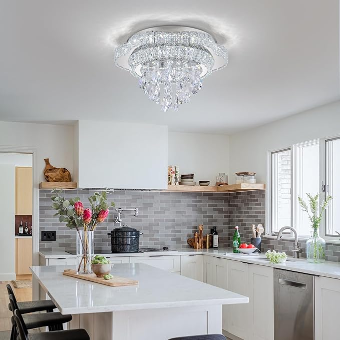 Silver 18" Modern Flush Mount Chandelier for Bedroom, LED Crystal Ceiling Light Over Table,Elegant Dining Room Lighting Fixture with Remote Control, 3CCT Dimmable