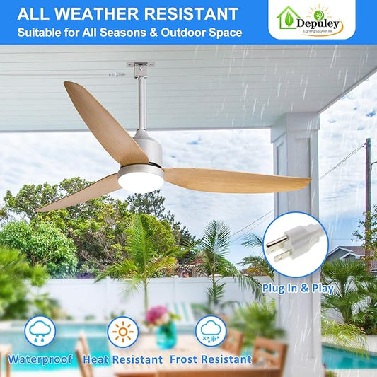 Depuley Outdoor Ceiling Fan with Light: 52 Inch Nickel Waterproof Gazebo Fans with Lights Outdoor Hanging - Plug in Remote App Control for Patio Indoor Farmhouse Porch - 6 Speed Reversible DC Motor