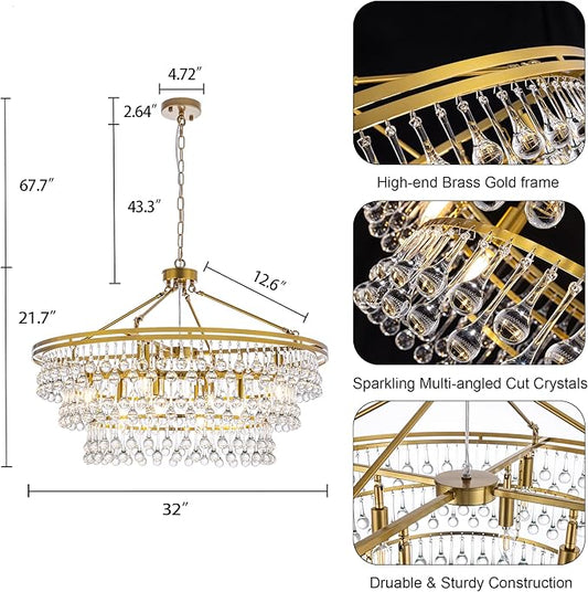 Wellmet 32" Brass Gold Farmhouse Chandelier, Large Modern Crystal Teardrop Chandeliers, Round Light Fixture for Dining Room, Living Room, Bedroom, Kitchen, Hallway, Closet