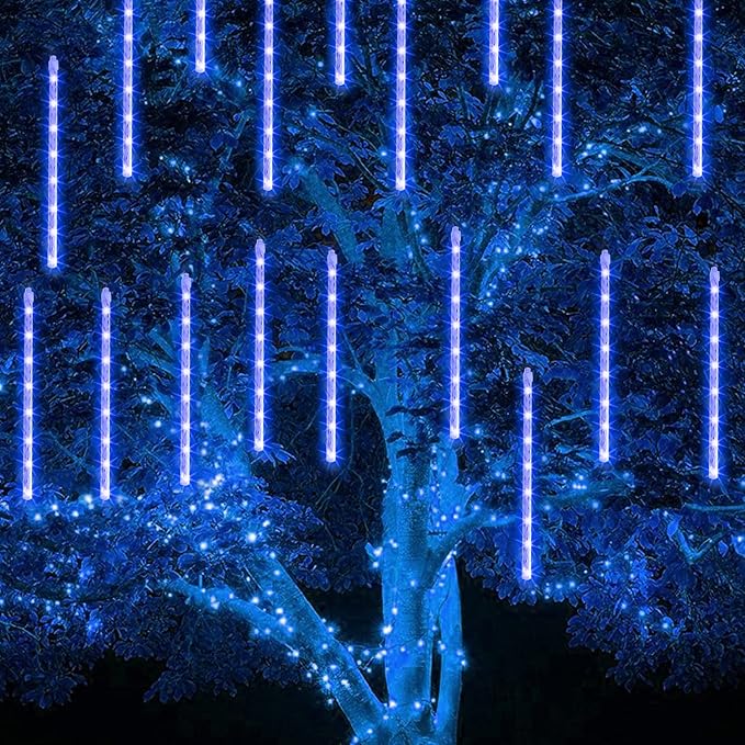 TW SHINE Christmas Meteor Shower Lights Outdoor, 864 LED 12" 24 Tubes Waterproof Christmas Lights Outdoor Plug in, Snow Falling Rain Icicle Xmas Light Decorations, Blue