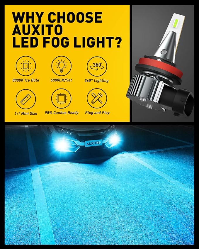 AUXITO H8 H11 H16 LED Fog Lights Bulbs, 8000K Ice Blue 400% Brightness, H11ll H8ll LED Bulbs DRL Fog Lamp Replacement Bulb, Canbus Ready, Plug n Play, 2 Pack