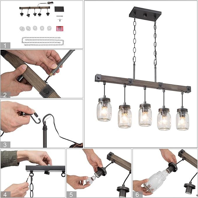 Mason Jar Chandelier, 5-Light Farmhouse Chandelier for Dining Room, 25.5" Rustic Island Lighting with Clear Glass Globes