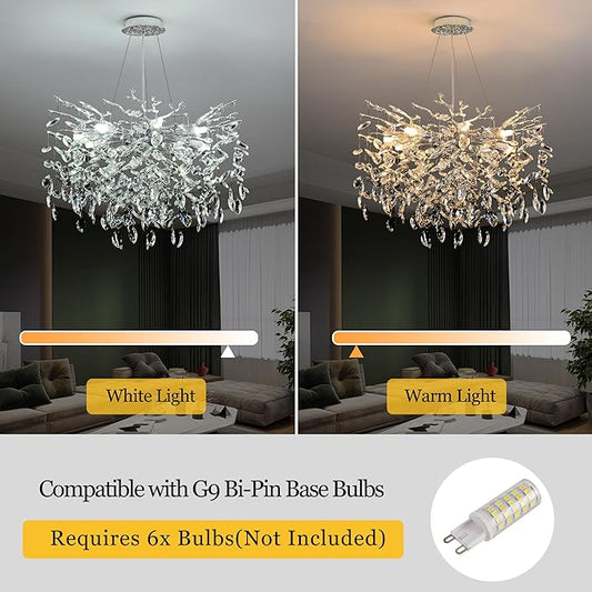 Modern Crystal Tree Branch Chandelier, D23.7'' Round Silver Raindrop Indoor Hanging Ceiling Lighting Fixture for Dining Room Living Room Bedroom Foyer 8 Lights