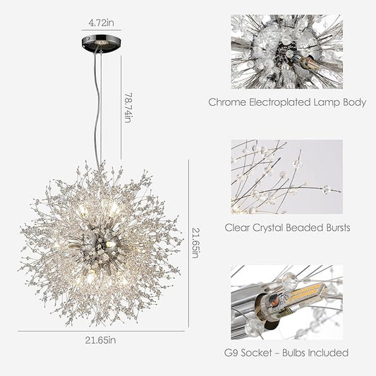 Sputnik Crystal Chandeliers, 12 Lights Dandelion Chandelier Chrome, Modern Firework Pendant Light Fixture for Kitchen Island Dining Room Bedroom