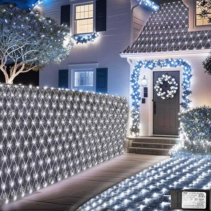 Pooqla 610 LED Christmas Net Lights, 34.5x5ft Outdoor Mesh Lighting, 8 Modes Waterproof Connectable Twinkle Strings for Bushes Yard Decor, Cool White