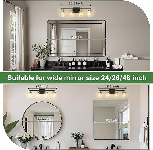 DORESshop Bathroom Light Fixtures, 4-Light Black and Gold Bathroom Vanity Light Over Mirror with Clear Glass Shade, Vanity Lights for Hallway Living Room Bedroom