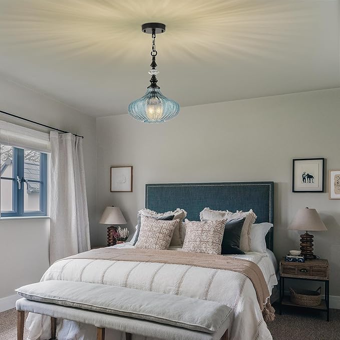 3-Light Chandelier,Black Farmhouse Pendant Light Fixture for Kitchen,Adjustable Hanging Lighting with Blue Glass Shade for Hallway Bedroom Entryway Dining Room Island