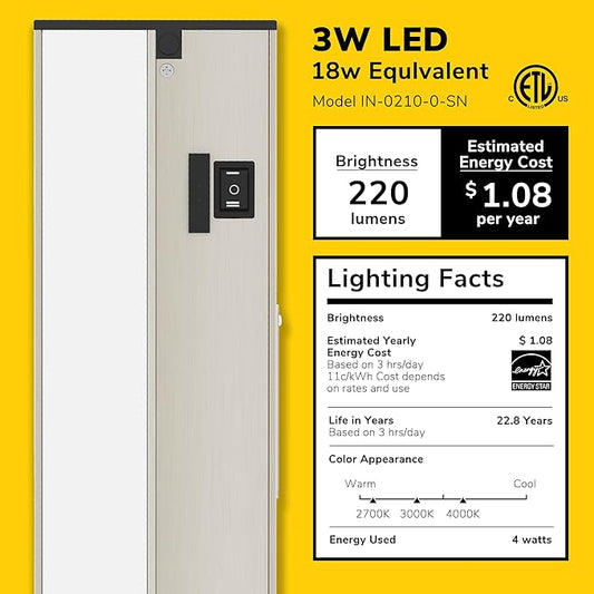 Getinlight 9-inch 3 Color Levels LED Under Cabinet Lighting, Hardwired or Plugged-in, Selectable White 2700K/3000K/4000K, Dimmable, Brushed Nickel Finished, IN-0210-0-SN