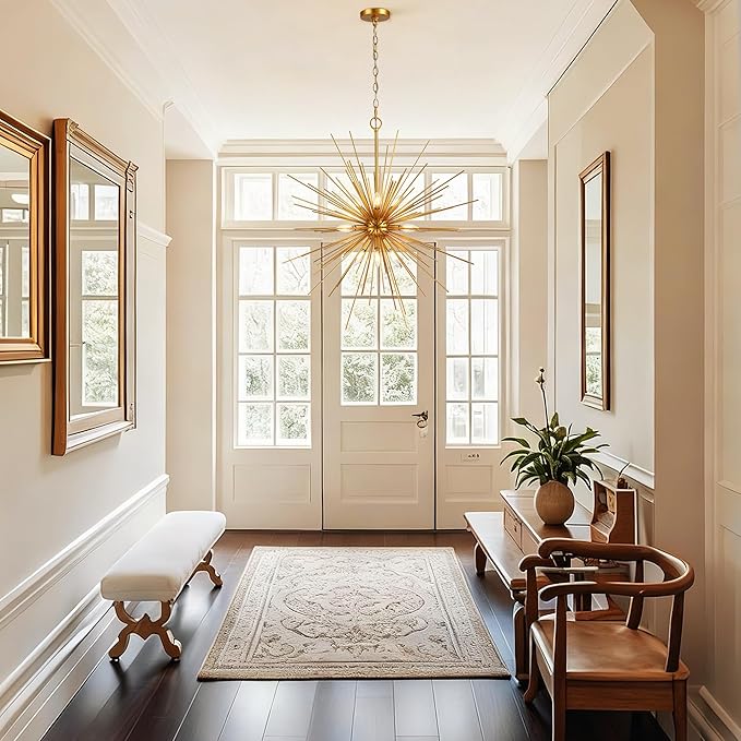 Untrammelife 33in Modern Gold Sputnik Chandelier, 9-Light Starburst Pendant Light Fixture, Mid-Century Firework Ceiling Fixture for Entryway, Dining Room, Living Room, Bedroom, Kitchen