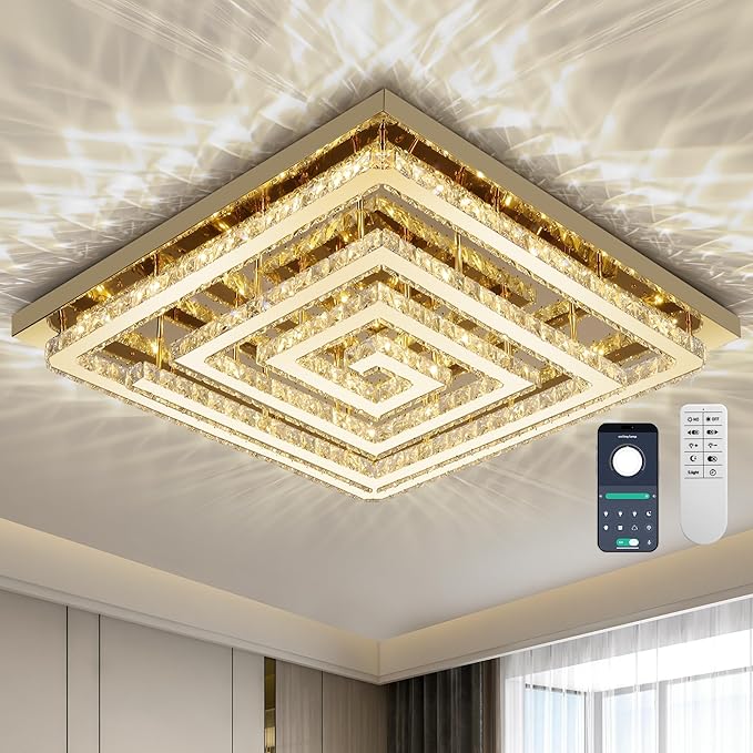 43 inch Gold Crystal Chandelier with Remote/APP Control, 3 Color Temperature Light Fixture & Brightness Adjustable, Modern Flush Mount LED Ceiling Light Fixture for Living Room Kitchen Dining Room