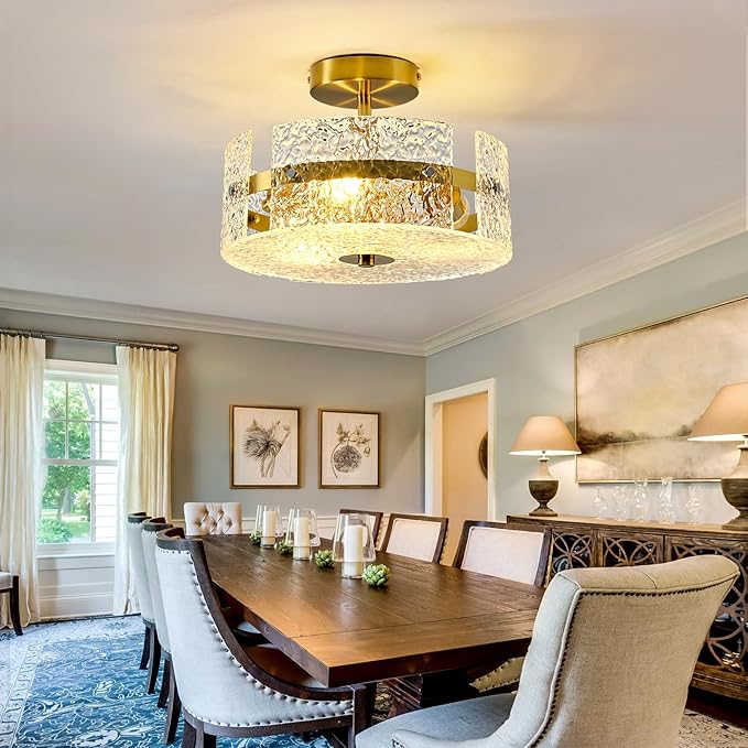 ZGLAOJT Semi Flush Mount Ceiling Light Modern Gold Celing Light Fixture 3-Light 12 Inch Acrylic Farmhouse for Kitchen Bedroom Hallway Dining Room.