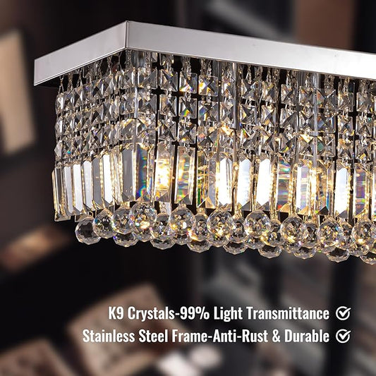 Modern Crystal Chandelier,13-Light Chandelier for Dining Room,K9 Crystal Rectangle Chandeliers,59-inch Adjustable Hanging Pendant Light Fixture Kitchen Island Bar Bedroom
