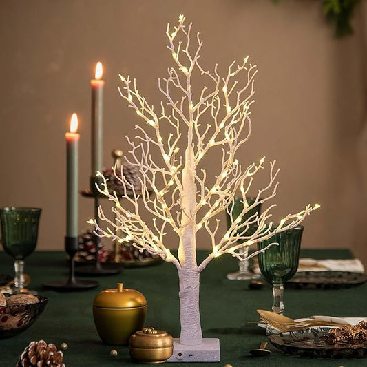 LIGHTSHARE 24IN Lighted Willow Tree Bonsai 70 Mini LED Lights Artificial White Birch Tree for Home, Festival, Wedding, Nativity, Party, and Christmas Decoration, Plug in or Battery (White)