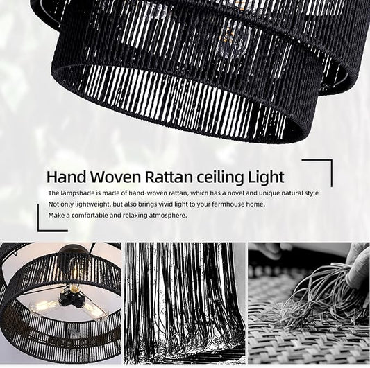 Black Boho Light Fixtures Ceiling Mount 18'' Coastal Hemp Rope Semi Flush Mount Ceiling Light Fixture 3-Light Rattan Light Fixtures with 2-Tier Drum Shade for Dining Room Kitchen Entry