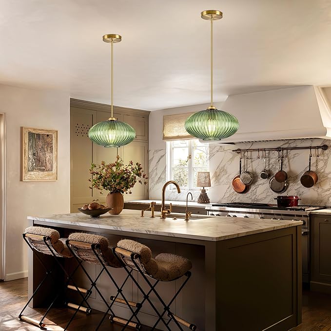 10" Green Glass Modern Pendant Light Kitchen Island 2 Pack Brushed Gold Mid Century Modern Pendant Lighting with Clear Green Glass Hanging Pendant Light for Dining Room(Bulb Incl.)