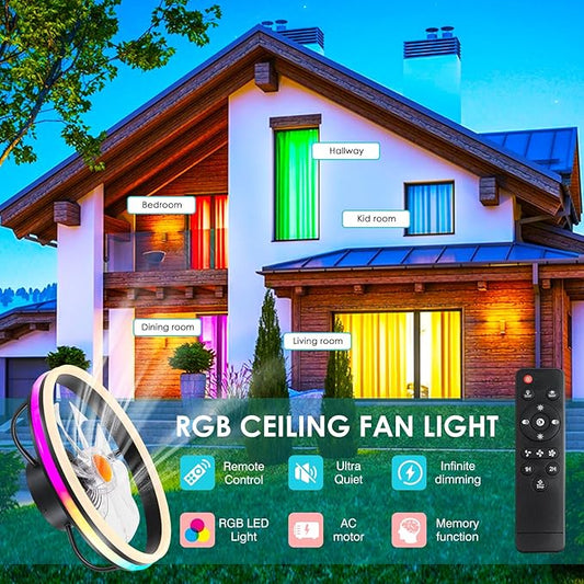 Ceiling Fan-Low Profile Ceiling Fan with Light - Modern Flush Mount Ceiling Fan ,16" RGB Dimmable LED Enclosed Ceiling Fans,Modern Bladeless LED-RGB Ambient Light for Bedroom Kids Room Party(Black)