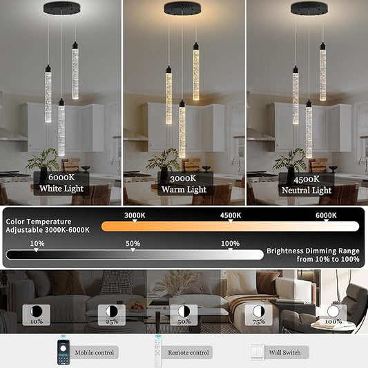 Crystal Kitchen Island Chandelier, Modern Black Spiral Dimmable LED Cluster Raindrop Foyer Chandelier Lighting, Bubble Dining Room Hanging Light Fixture 3 Light Remote Control