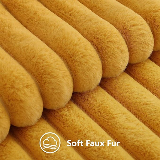 decorUhome Summer Cozy Faux Fur Throw Pillow Covers 12x20 Set of 2 Decorative Plush Striped Lumbar Modern Farmhouse Boho Couch Pillow Cases with Velvet Back for Sofa Bed Living Room, Mustard Yellow