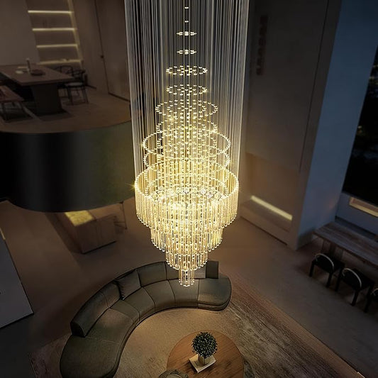 Flashing God D32''X H110'' High Ceiling Chandelier Crystal Raindrop Chandeliers Staircase Large Chandelier Villa Entrance Foyer Ceiling Light High Ceiling Pendant Light Fixture