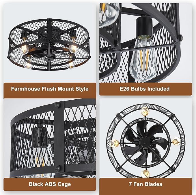 Depuley Caged Ceiling Fan with Light: 20" Flush Mount Ceiling Fans with Remote - Farmhouse Black Fandelier - Industrial Ceiling Fan Light Fixture for Small Low Indoor Bedroon Kitchen Dining Room