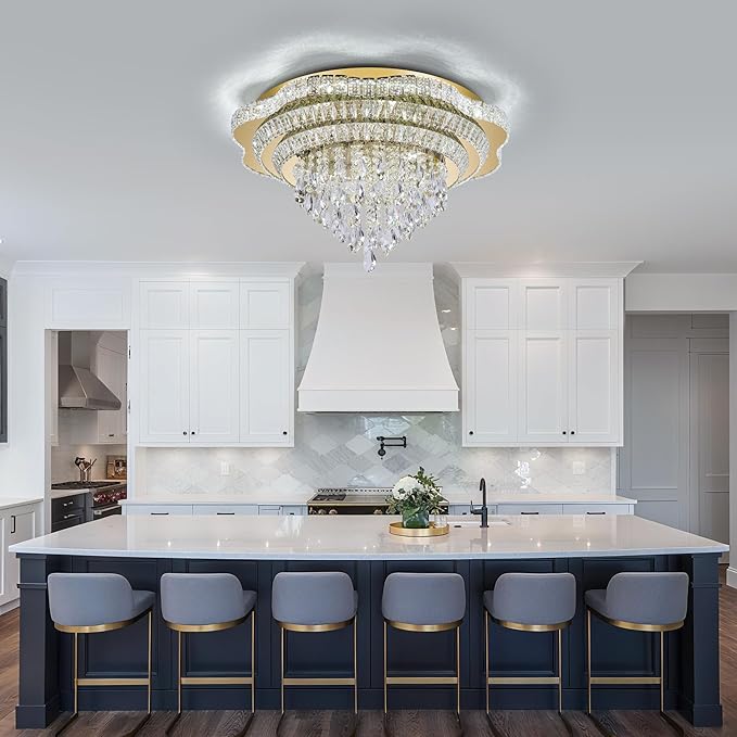 Gold 30" Modern Flush Mount Chandelier for Living Room, LED Crystal Ceiling Light for Bedroom,Elegant Dining Room Lighting Fixture with Remote Control, 3CCT Dimmable