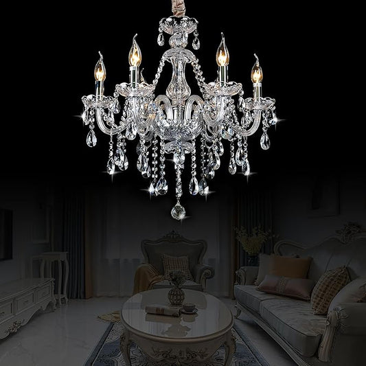 Bagood Clear 6 Lights Candle Chandelier Lighting K9 Crystal Candle Chandeliers Lighting Crystal Modern Chandelier for Dining Living Room Bedroom Entry Elegant Decoration E12 Base, H22 x W23.6 Inch