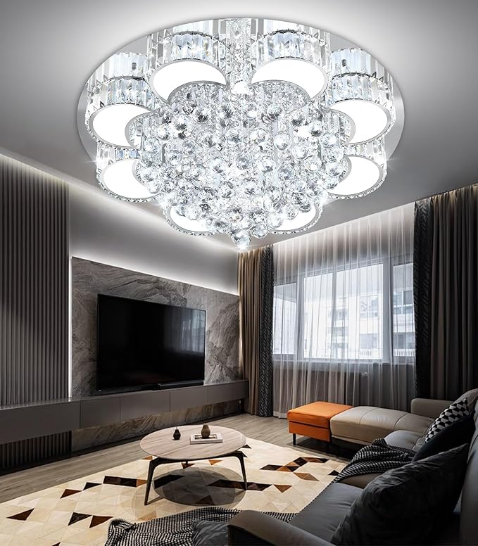 31.4" Silver Modern Crystal Chandeliers for Dining Room LED Dimmable Light Fixtures Flush Mount Light Living Room Bedrooms