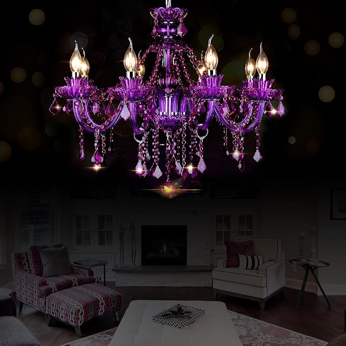 Bagood Purple 8 Lights K9 Crystal Candle Chandeliers Lighting Modern Pendant Lights Ceiling Fixture Lamp for Dining Living Room Bedroom Entry Elegant Decoration E12 Base, H20.5 x W28.3 Inch