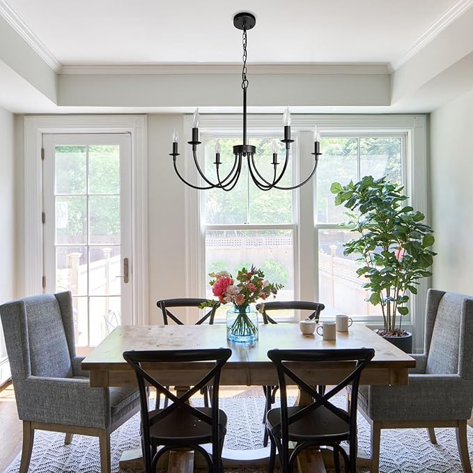 6-Light Farmhouse Chandelier, Black Chandeliers for Dining Room Lighting Fixtures Hanging, Classic Candle Ceiling Modern Chandeliers for Living Room, Foyer, Kitchen Island