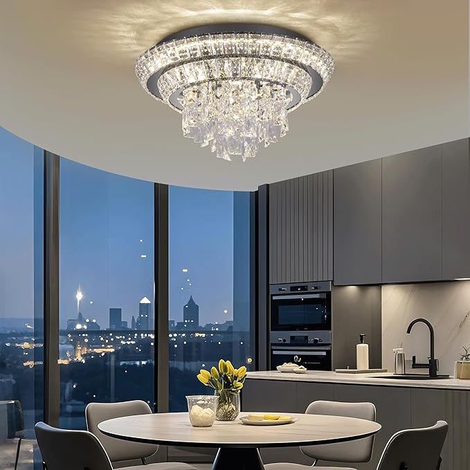 18 inch Crystal Black Ceiling-Light Flush Mount with Remote and APP Control, 3CCT Dimmable & Brightness Adjustable, Modern Crystal Raindrop Chandeliers for Bedroom Hallway Dinning Room Living Room