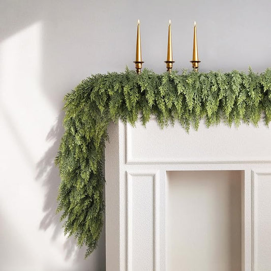 N&T NIETING 9ft Christmas Cedar Garland with Realistic Soft Thickness Pine, Artificial Green Faux Cedar Pine Garland for Fireplace Mantle Fireplace Indoor Outdoor Holiday Party Home Decoration