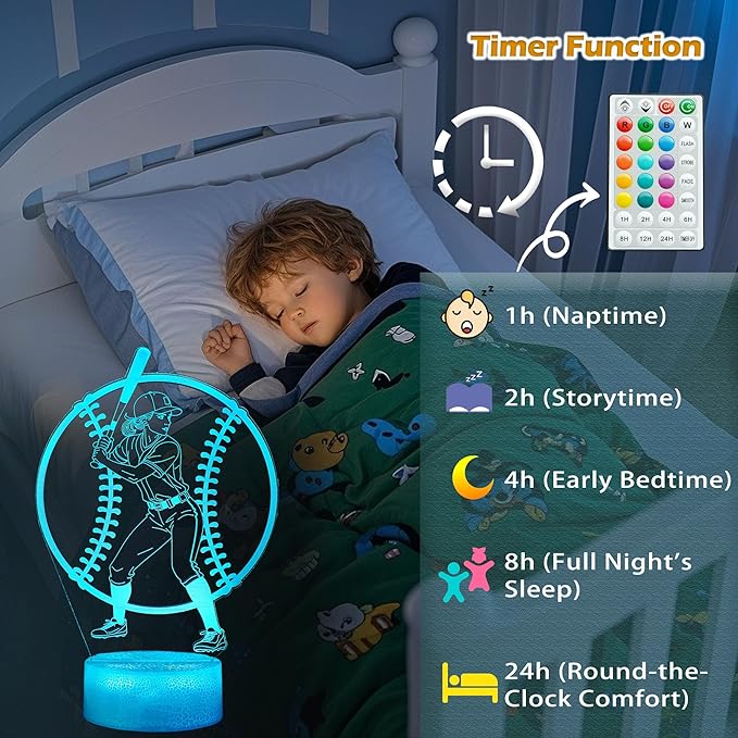 Baseball Gifts for Girls, Baseball Night Light, 3D Illusion Lamp with 16 Colors Changing, Timer, 4 Flash Modes and Dimmable, Accessories Stuff for Room Decoration, Kids Girls Holiday Xmas Gifts