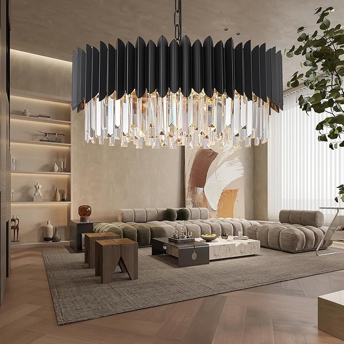 Black Crystal Chandelier 3-Tier Modern Large Crystal Chandelier Semi Flush Mount Chandelier Light Round Ceiling Light Fixture Ceiling Lamp Chandelier for Dining Room Living Room Bedroom