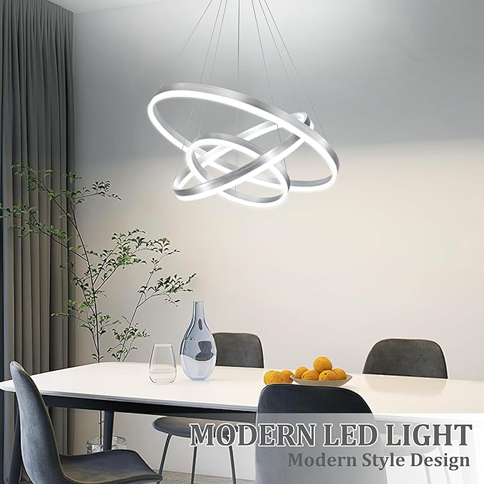 31.5" Nickel Modern Led Chandelier 3 Ring Modern Led Pendant Light Contemporary Ring Chandeliers Dimmable Chandeliers Color Temperature Adjustable Height Hanging Chandelier for Entryway