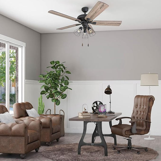 Prominence Home Lincoln Woods, 52 Inch Industrial Style LED Ceiling Fan with Light, Remote Control, Three Mounting Options, 5 Dual Finish Blades, Reversible Motor - 50745-01 (Bronze)