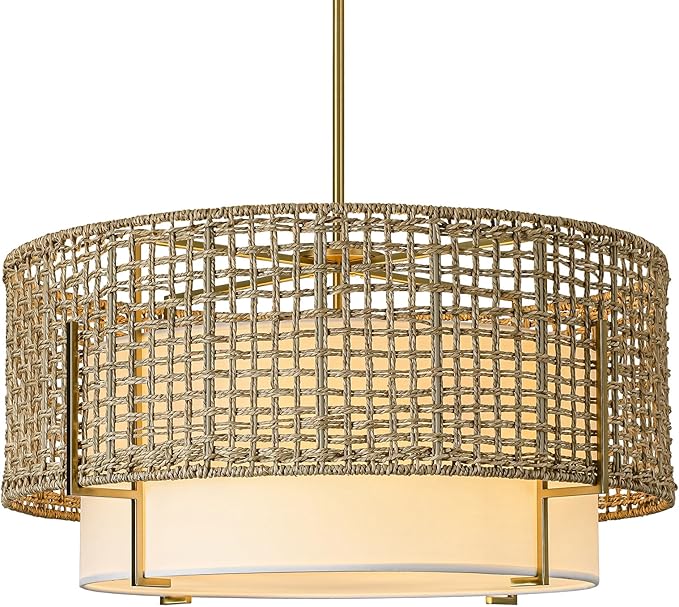 25.6" Large Rattan Chandelier, 6-Light Boho Rustic Pendant Light with Fabric Shade, Hand Woven Wicker Hanging Ceiling Light Fixture for Dining Room, Living Room, Kitchen Island, Bedroom, Foyer