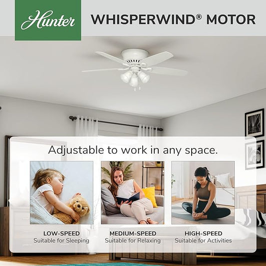 Hunter 52 inch Indoor Ceiling Fan with LED Lights - White Ceiling Fan with Pull Chain, For Bedroom, Living Room, or Kitchen, Low Profile Flush Mount, No Remote, 5 Blades - Builder 53326, Snow White