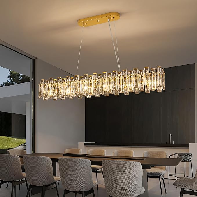 Modern Luxury Rectangular K9 Crystal Chandelier for Dining Room Living Room Kitchen Island Entryway Foyer L43 Easy Install Adjustable Hight 6-Light Ceiling Hanging Light Fixture Gold