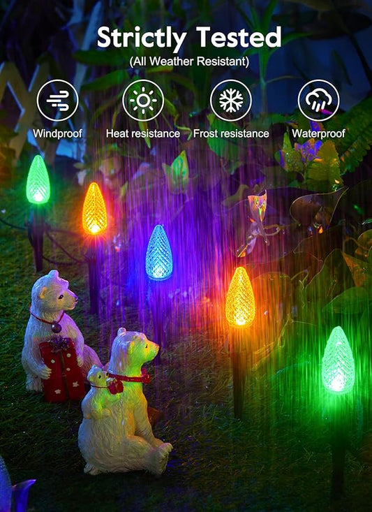 C9 Christmas Pathway Lights Outdoor, 25.7 Feet 20 LED C9 Strawberry Walkway Lights with Marker Stakes, Connectable Shatterproof C9 String Lights for Lane Outside Yard Decorations, Multicolored