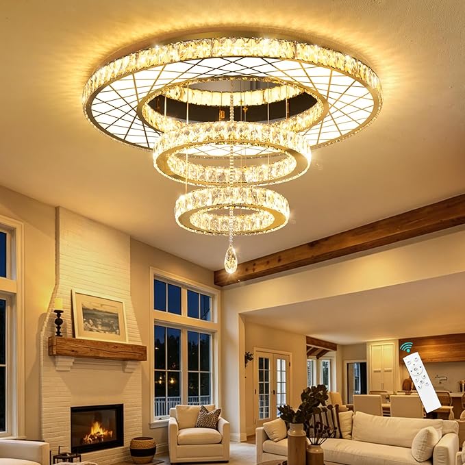 HAIXIANG LED Chandeliers for Dining Room Ceiling Light, 32in Flush Mount Chandelier Light Fixtures with Dimmable Lights Bright Lighting for Living Room Bedroom Entryway Gold