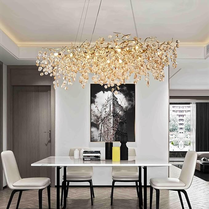 Modern Crystal Chandelier, 12-Light Raindrop Pendant Light Fixture, Luxury Gold Tree Branch Design for Dining Room, Living Room, Bedroom, Entryway - Elegant Home Decor