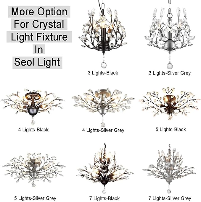 SEOL-Light 24.5" Dia 4-Light Vintage Crystal Branch Close to Ceiling Light Fixture Black Chandelier Flush Mount,E12,160W,for Bedroom,Kitchen,Living Room;